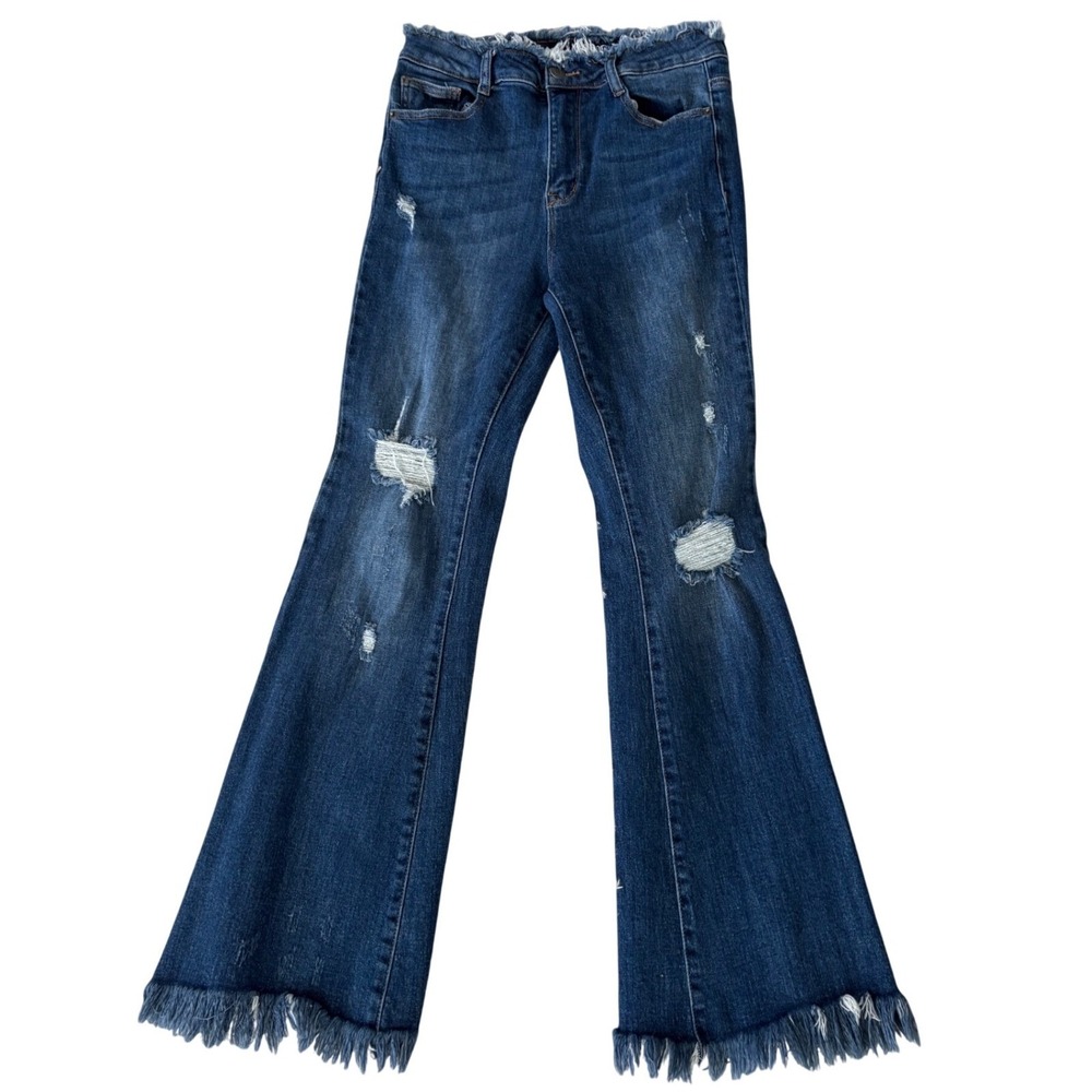 Risen‎ Los Angeles Women's Trendy Flare Jeans Distressed Frayed Hem Blue Size 7